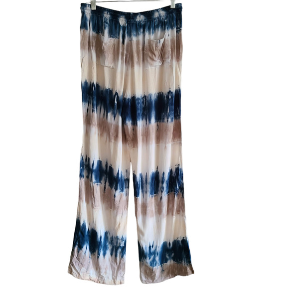 TRAVIDA Tie Dye Stripe Cargo Wide Leg Pants Blue Tan‎ White Women's XL NWT - Picture 2 of 12